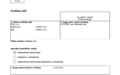 ESA získala osvědčení AEO – úspěch pro naše služby na poli celní deklarace