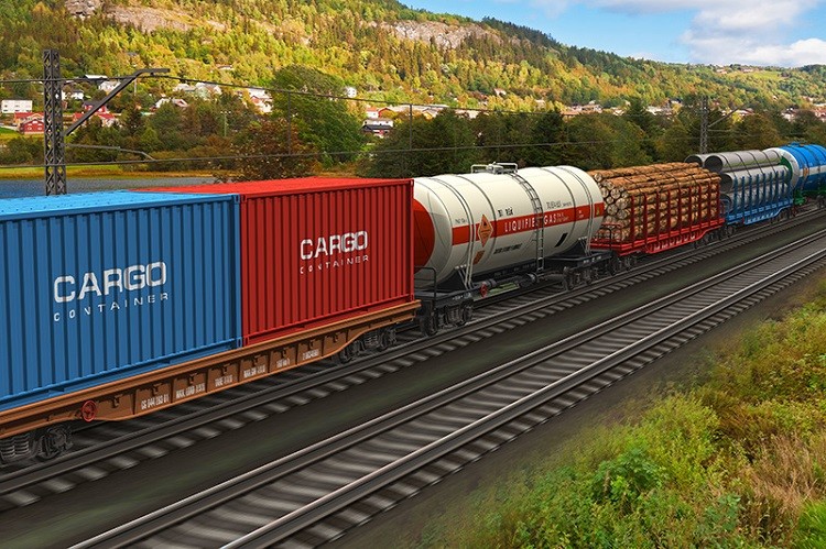 Dopravní řešení_železniční doprava_nákladní vlak s různými druhy zboží