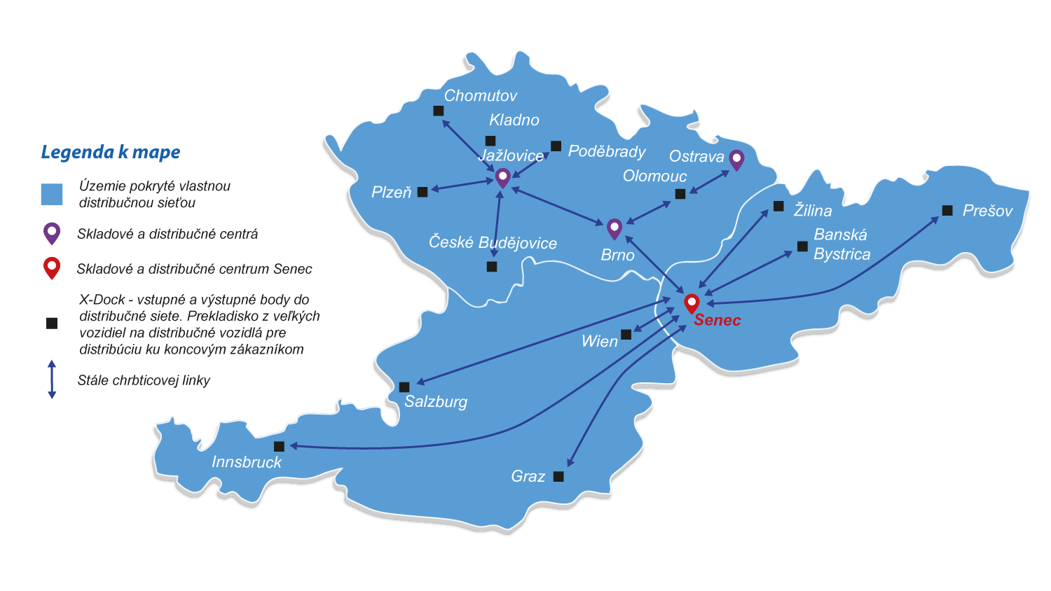 Mapa s distribučnými trasami - distribučná logistika Rakúsko