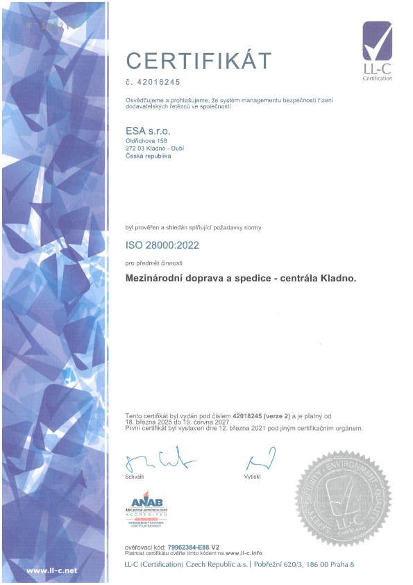 Certifikát ISO 28000 2022 česká verze